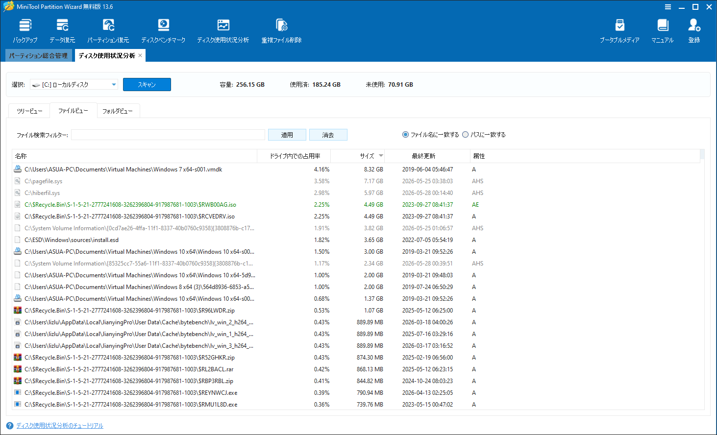 MiniTool Partition Wizardのファイルビューで大容量ファイルを確認する様子