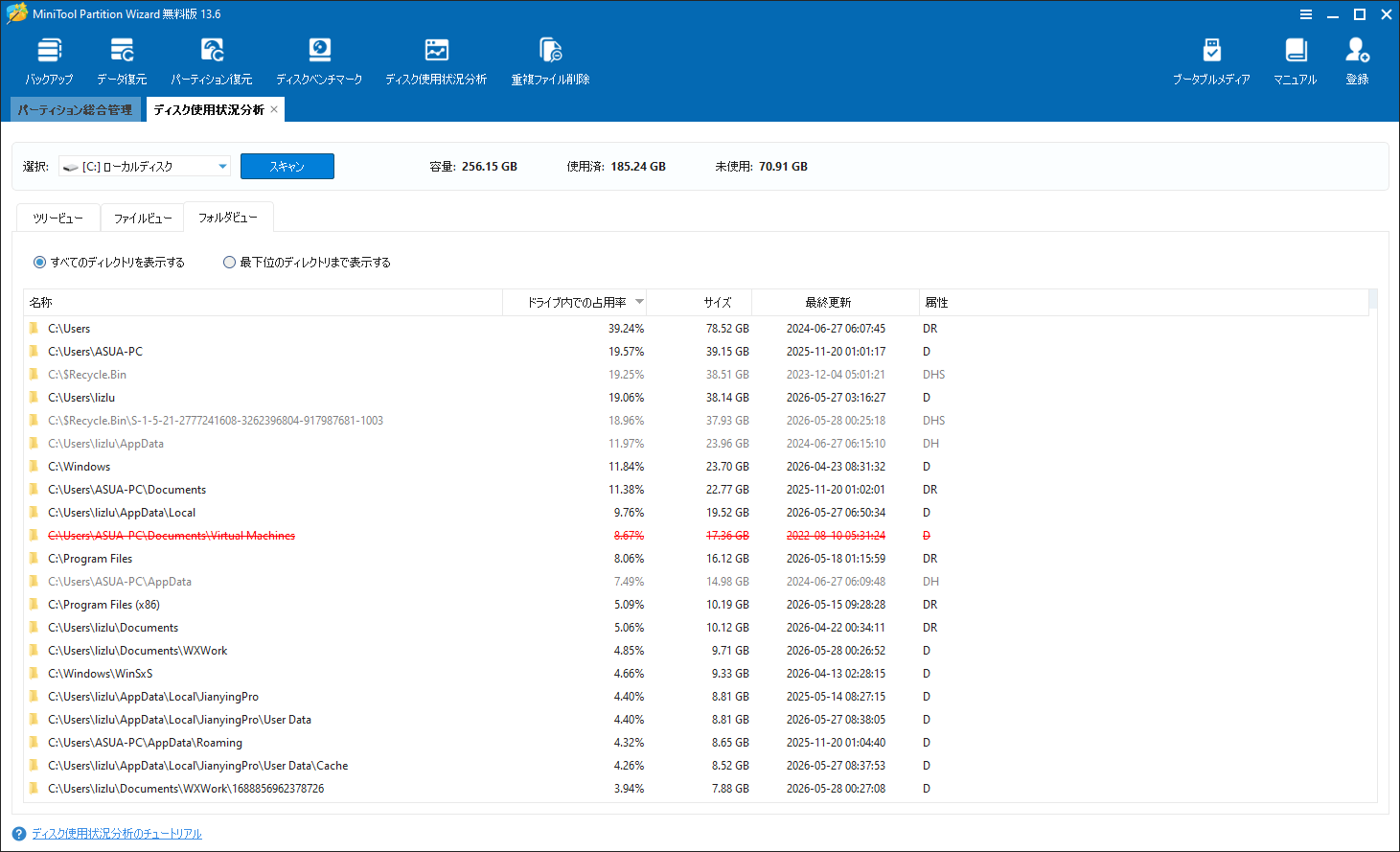MiniTool Partition Wizardのフォルダビューで大容量ファイルを確認する様子