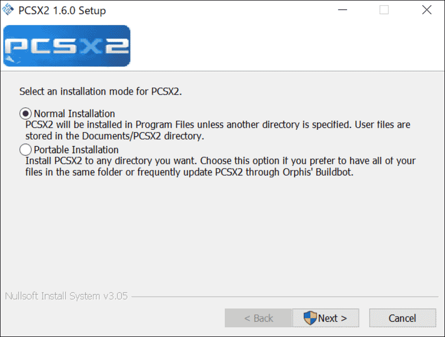 PCSX2のインストール画面