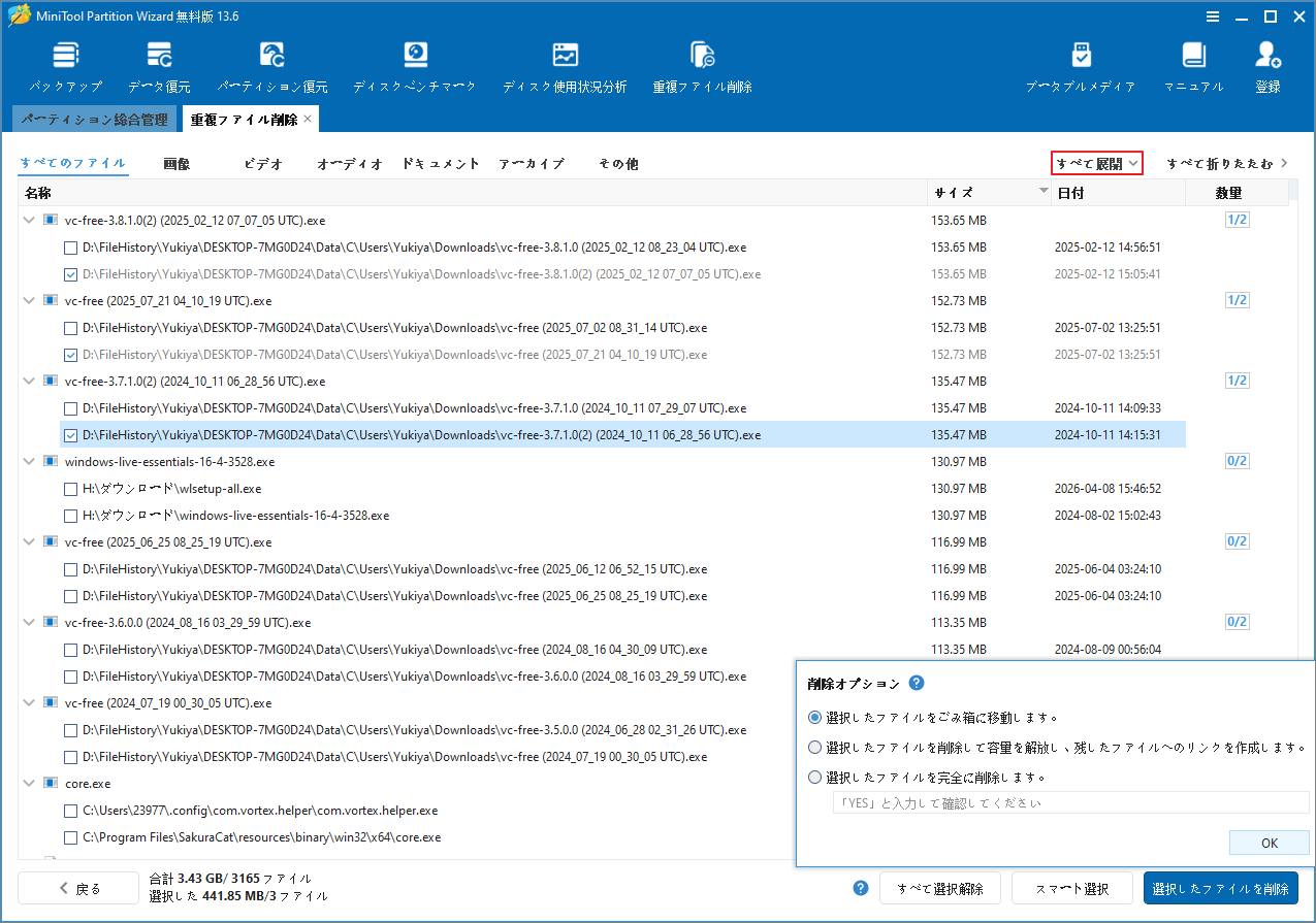 MiniTool Partition Wizardの「重複ファイル削除」画面で、削除対象の重複ファイルが選択されている状態