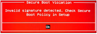 「Secure Boot Violation – Invalid Signature Detected」エラーが表示される画面