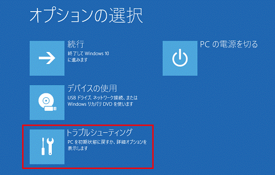 オプションの選択画面で「トラブルシューティング」をクリックしている様子