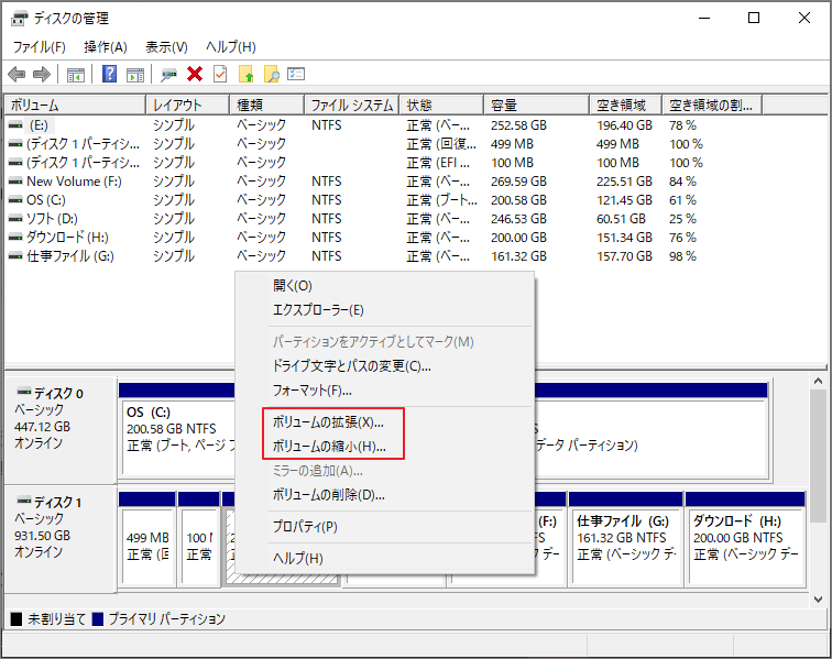 Windowsの「ディスクの管理」でCドライブを右クリックし、「ボリュームの拡張」「ボリュームの縮小」メニューを表示した画面