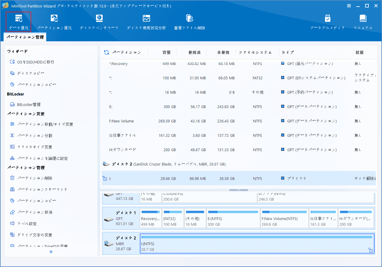 MiniTool Partition Wizardのメイン画面で、「データ復元」タブが赤枠で強調表示されている様子