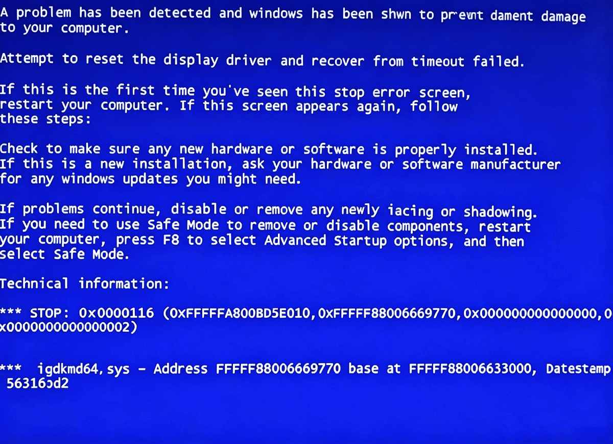 Windowsのブルースクリーンエラー0x00000116が表示された画面