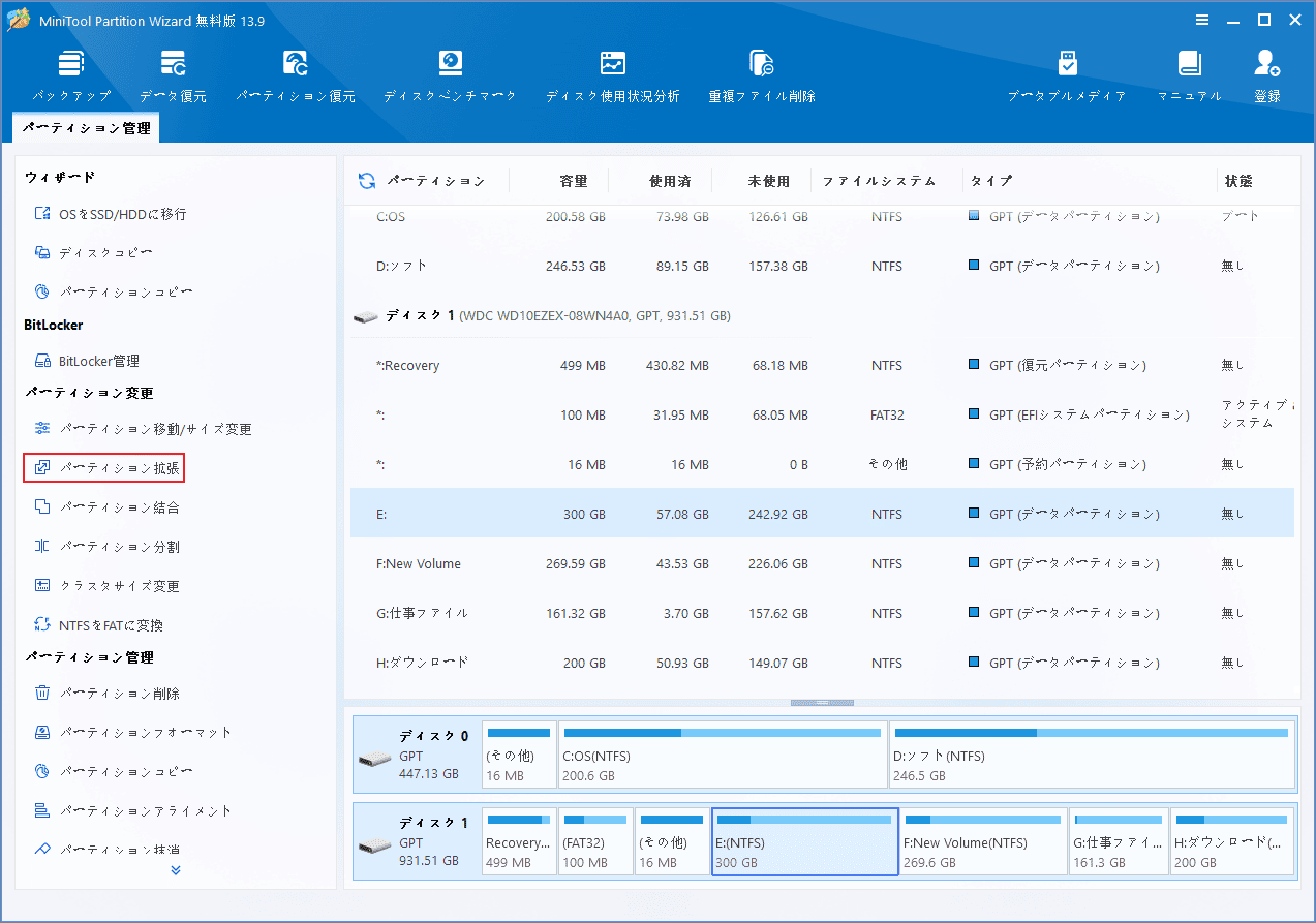 MiniTool Partition Wizardのメイン画面で「パーティション拡張」をクリックしている様子