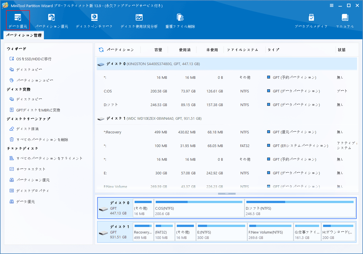 MiniTool Partition Wizardのメイン画面で「データ復元」をクリックしている様子