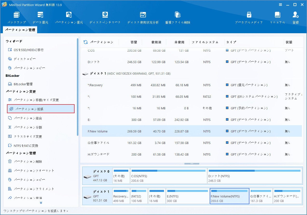 MiniTool Partition WizardのFドライブの「パーティション拡張」をクリックしている様子