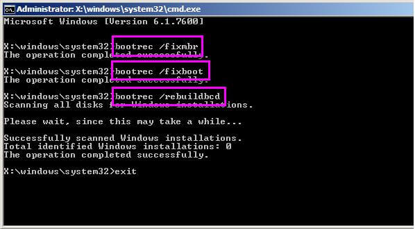 Windowsのインストールディスクのコマンドプロンプトでmbrを修復
