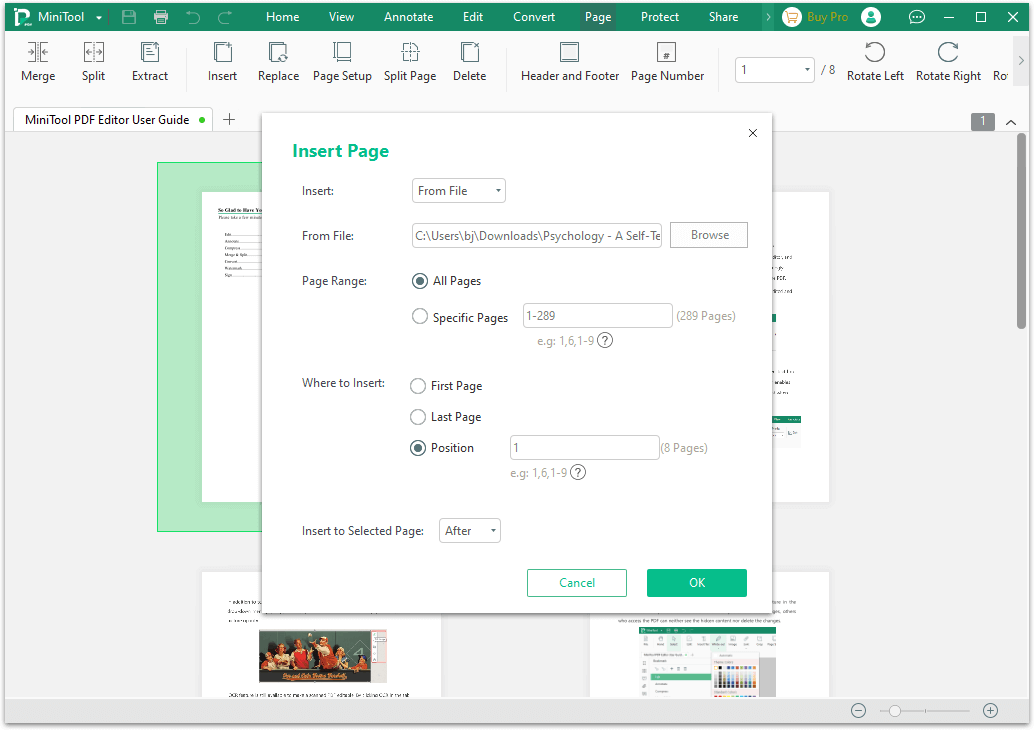 choose the pages and position to insert