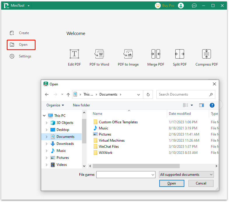 click Open on MiniTool PDF Editor