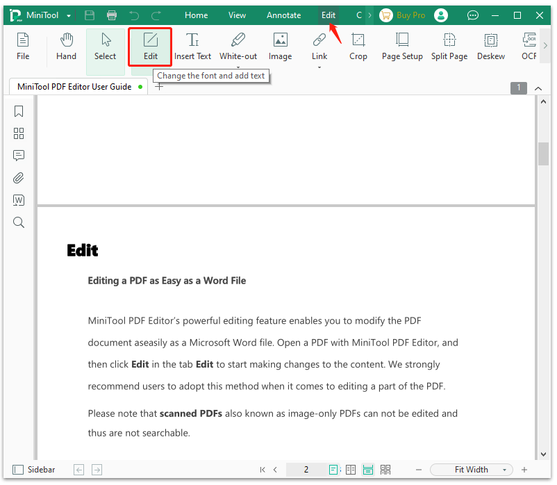 click Edit on MiniTool PDF Editor