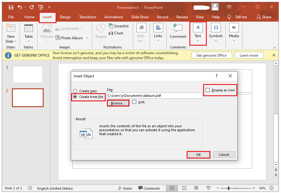 insert the PDF file as an object