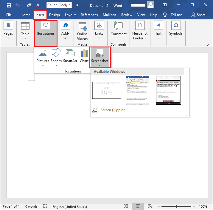 take screenshots in Word