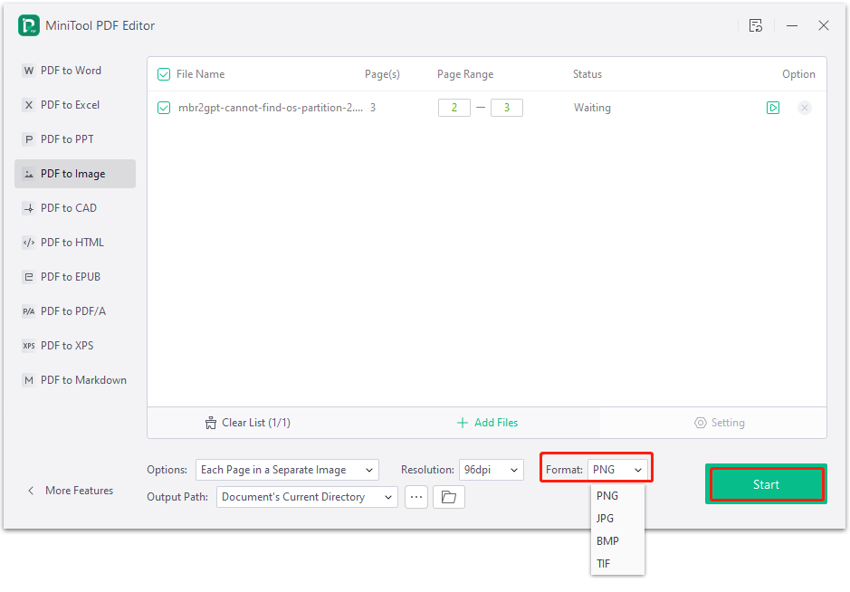 convert PDF to PNG using MiniTool