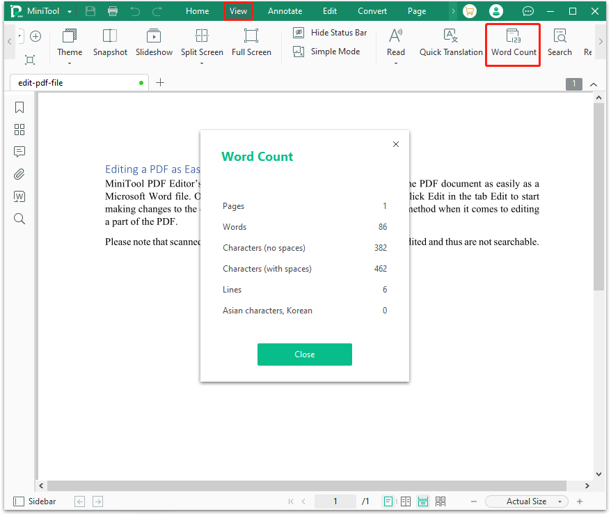 Do a word count in MiniTool PDF Editor