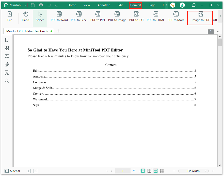 click Image to PDF on MiniTool