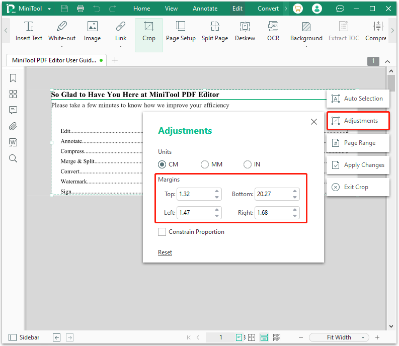 Adjust the margins of PDF pages