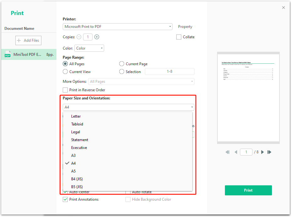 Change the paper size and orientation