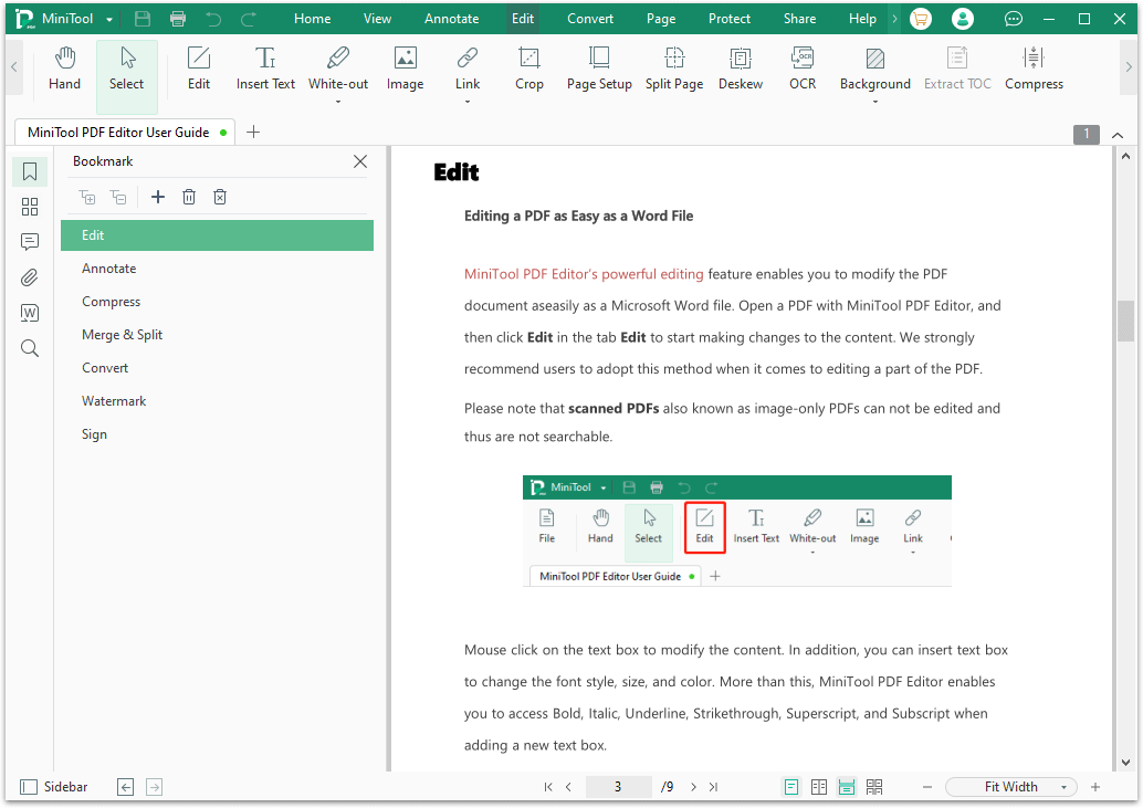 the table of contents in PDF shows on the left panel