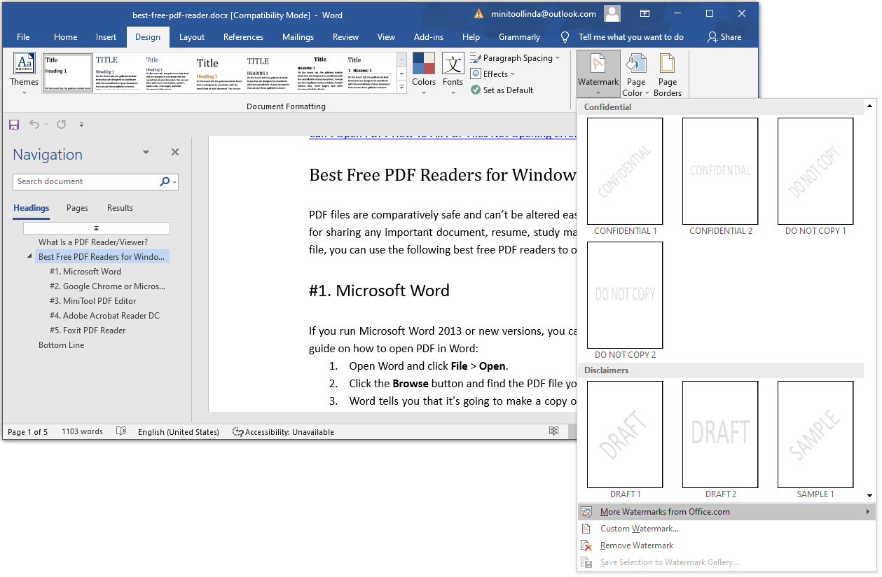 select watermark in Word