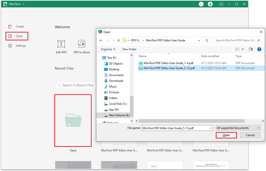 the steps to open PDF file on MiniTool PDF Editor