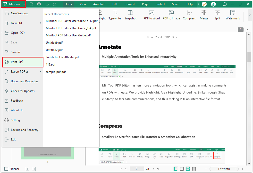 select Print from the menu of MiniTool