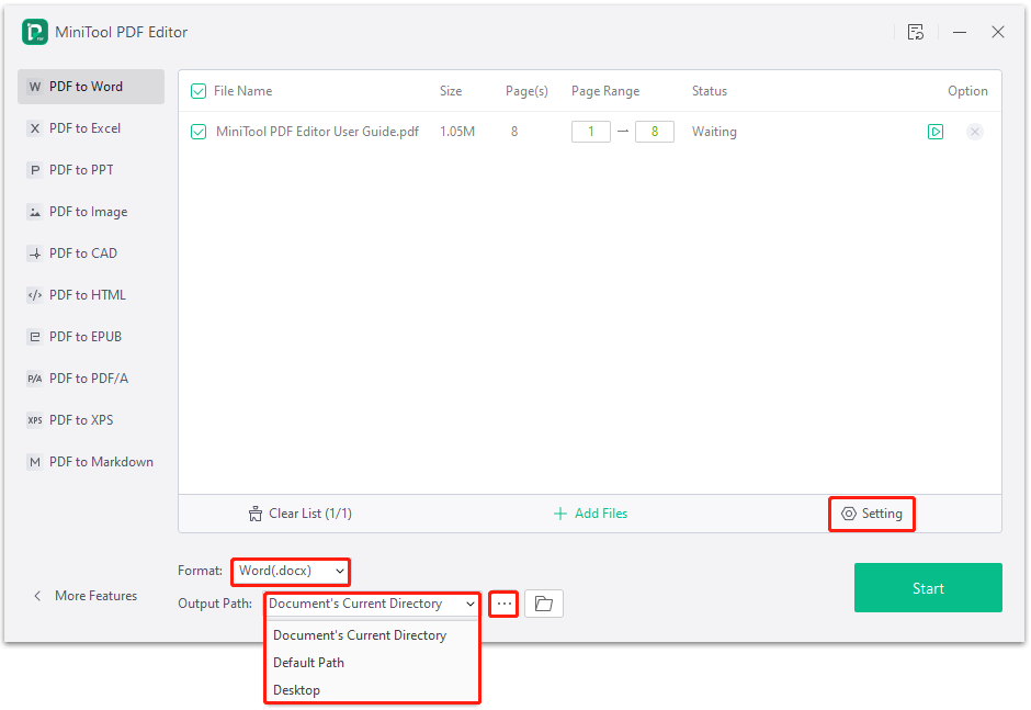 Choose the conversion format and output path