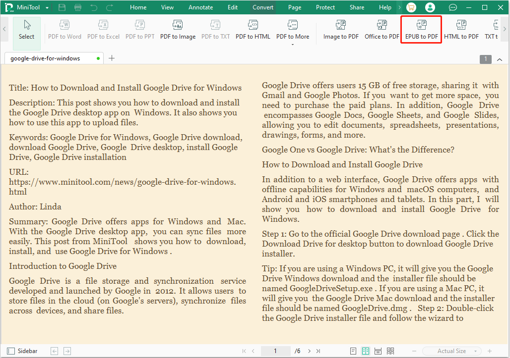 select EPUB to PDF