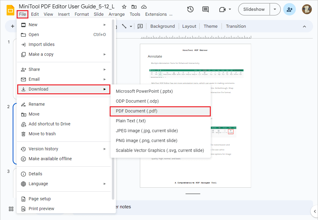 the steps to save a Google Slides as a PDF