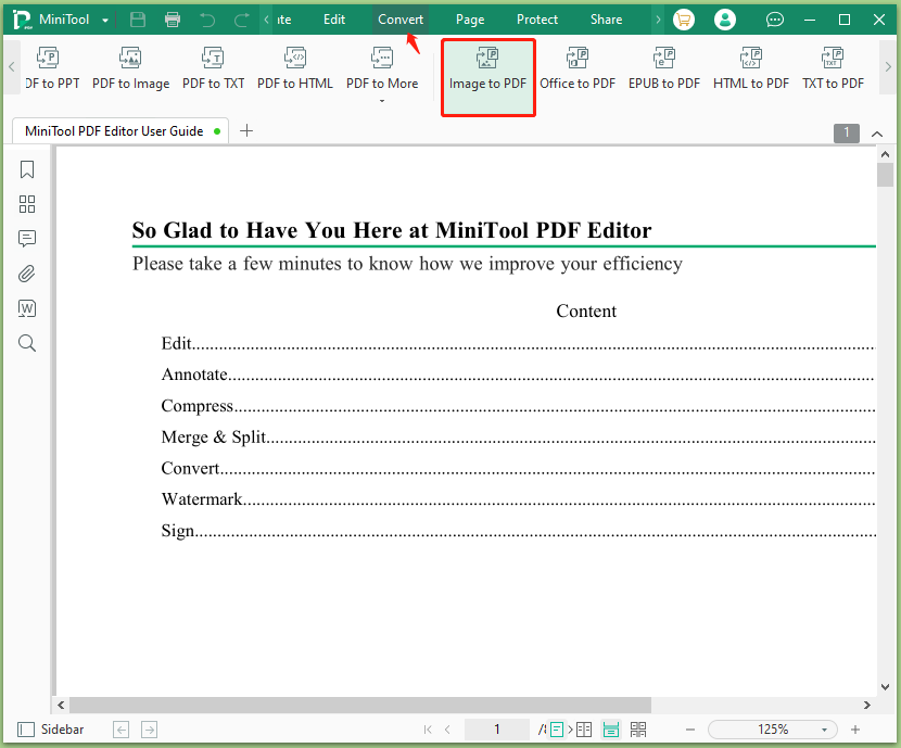 click Image to PDF on MiniTool