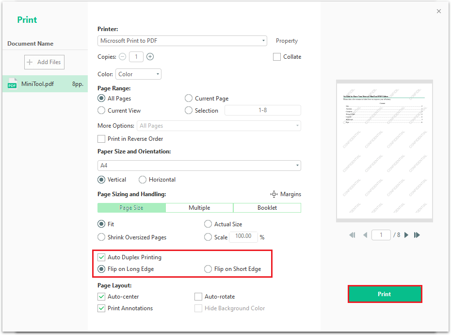 select Auto Duplex Printing to print a PDF double sided