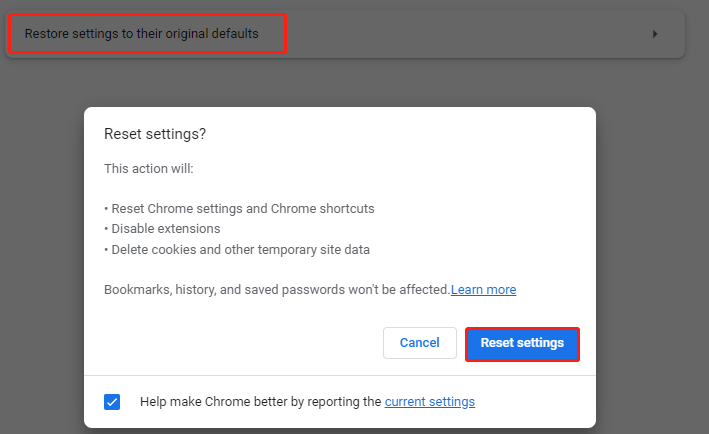 click Reset settings