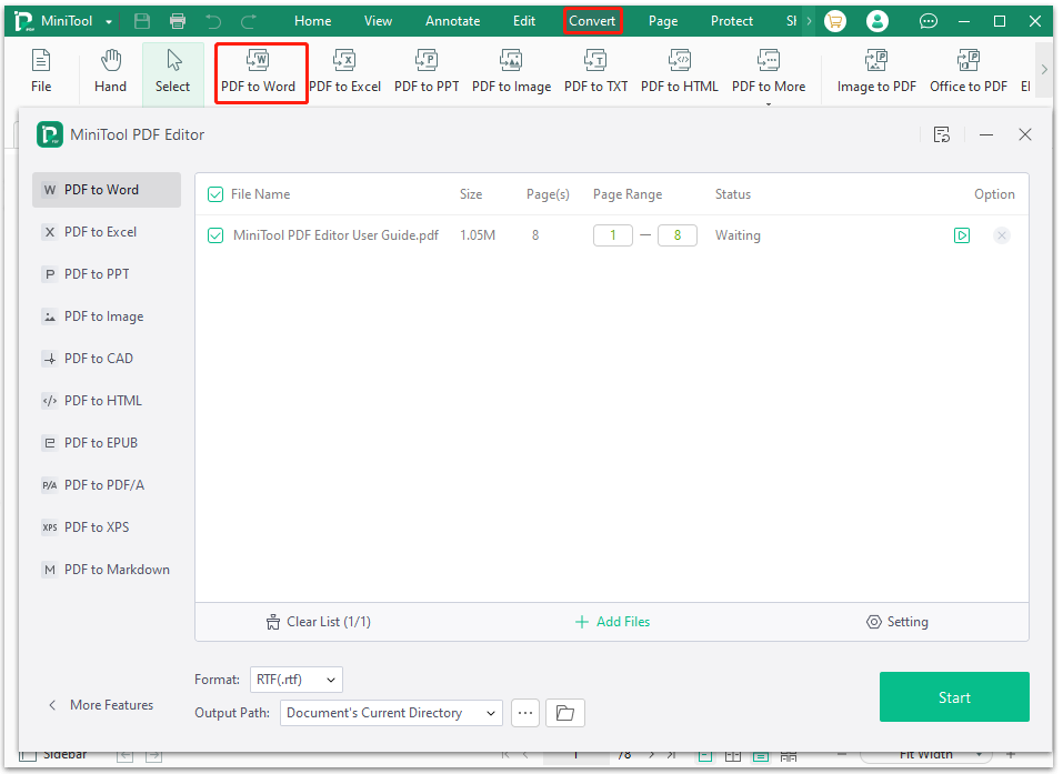 click PDF to Word on MiniTool
