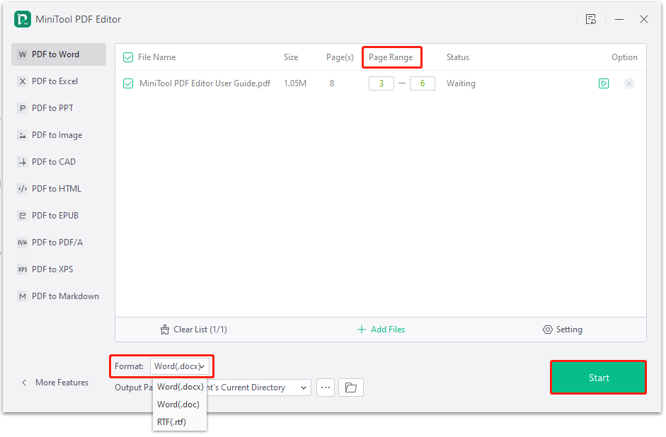 convert PDF to Docx using MiniTool