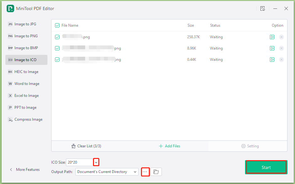 start converting PNG to ICO via MiniTool