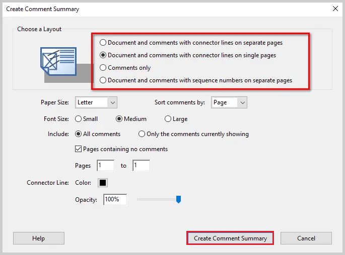 select Create Comment Summary