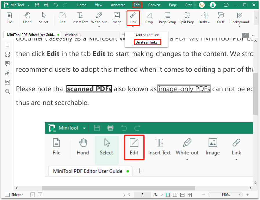 delete all links with MiniTool PDF Editor