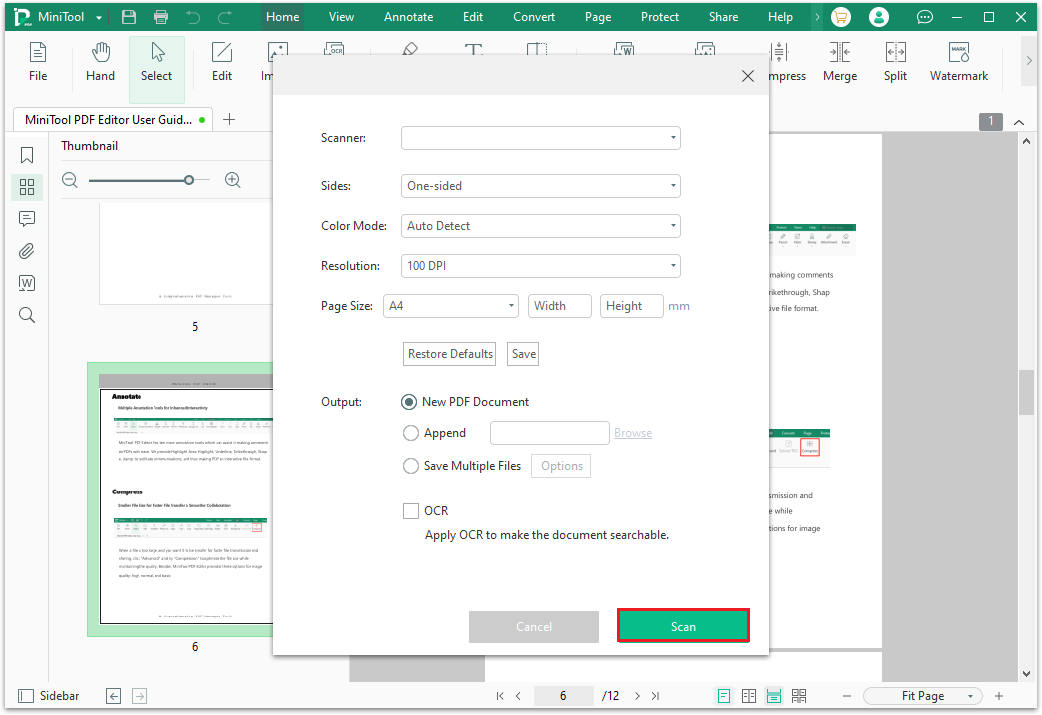 click Scan to start scan your document