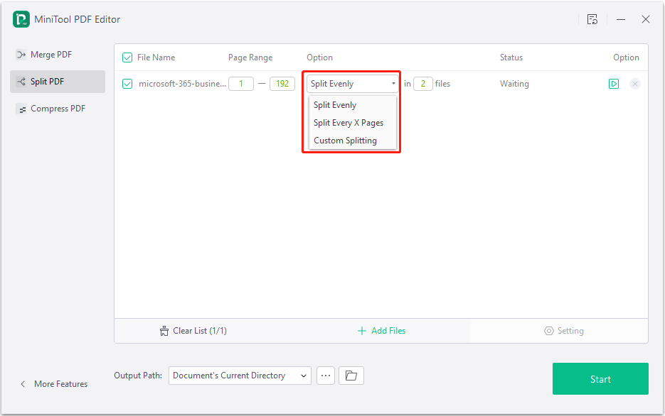 MiniTool PDF Editor Split Options