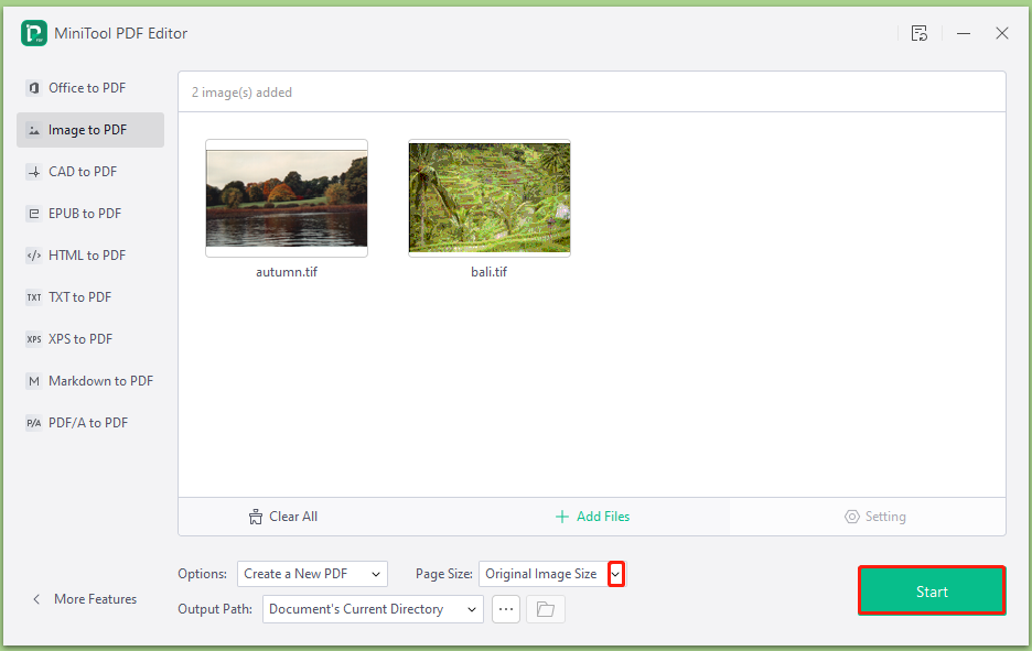 start converting TIF to PDF using MiniTool