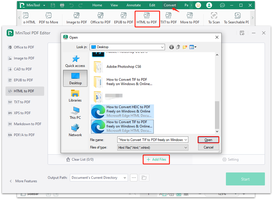 click HTML to PDF on MiniTool
