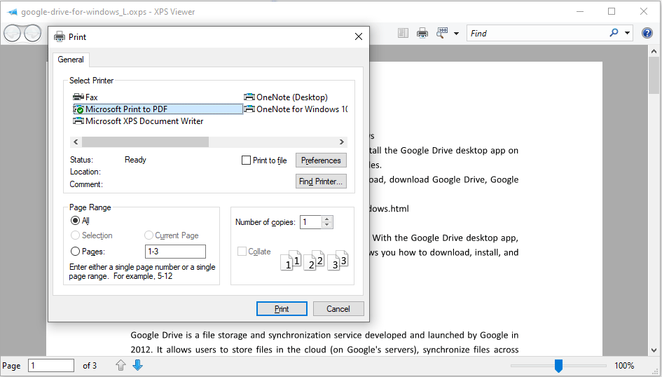 XPS Viewer print to PDF