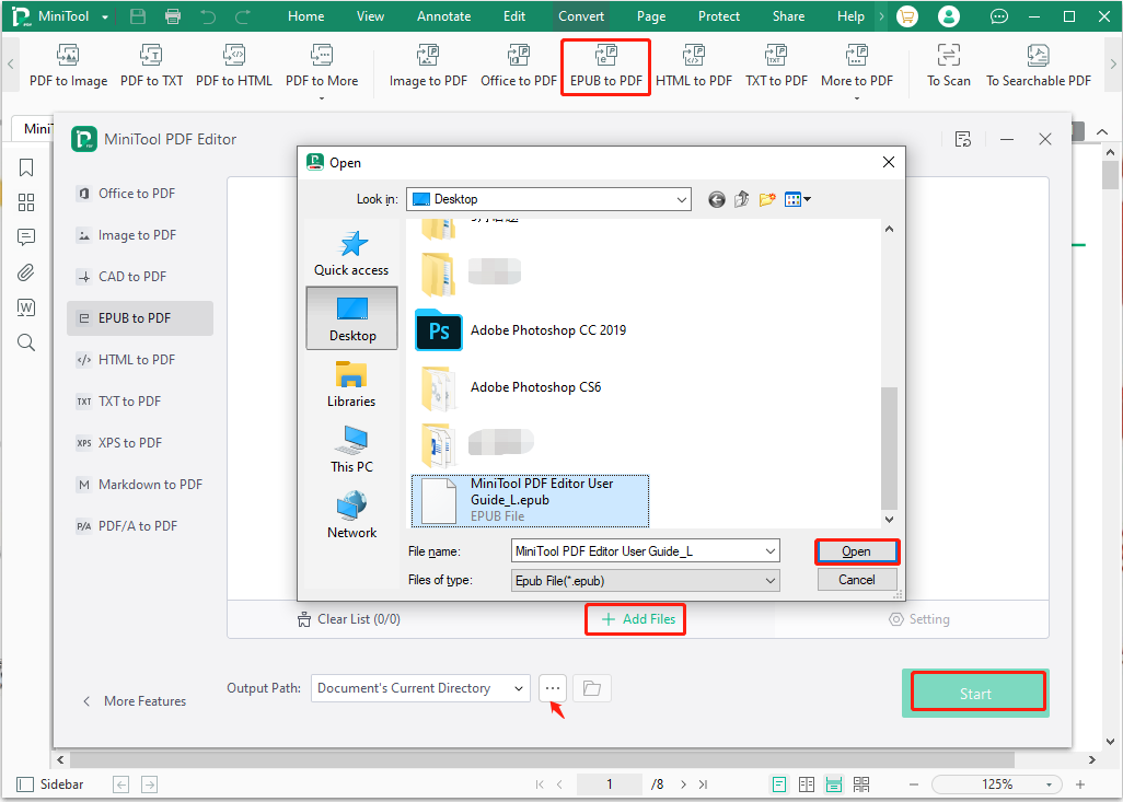 convert EPUB to PDF using MiniTool PDF Editor