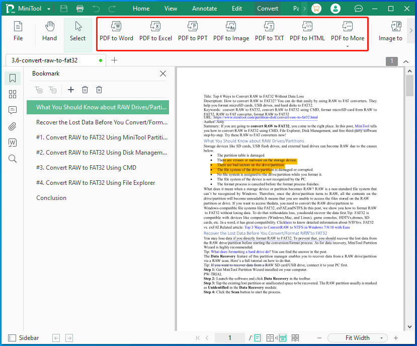 click on a specific option under the Convert tab