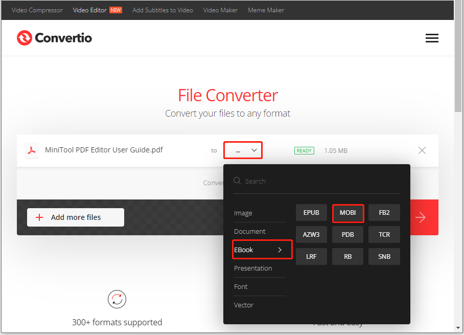 Select MOBI and click Convert