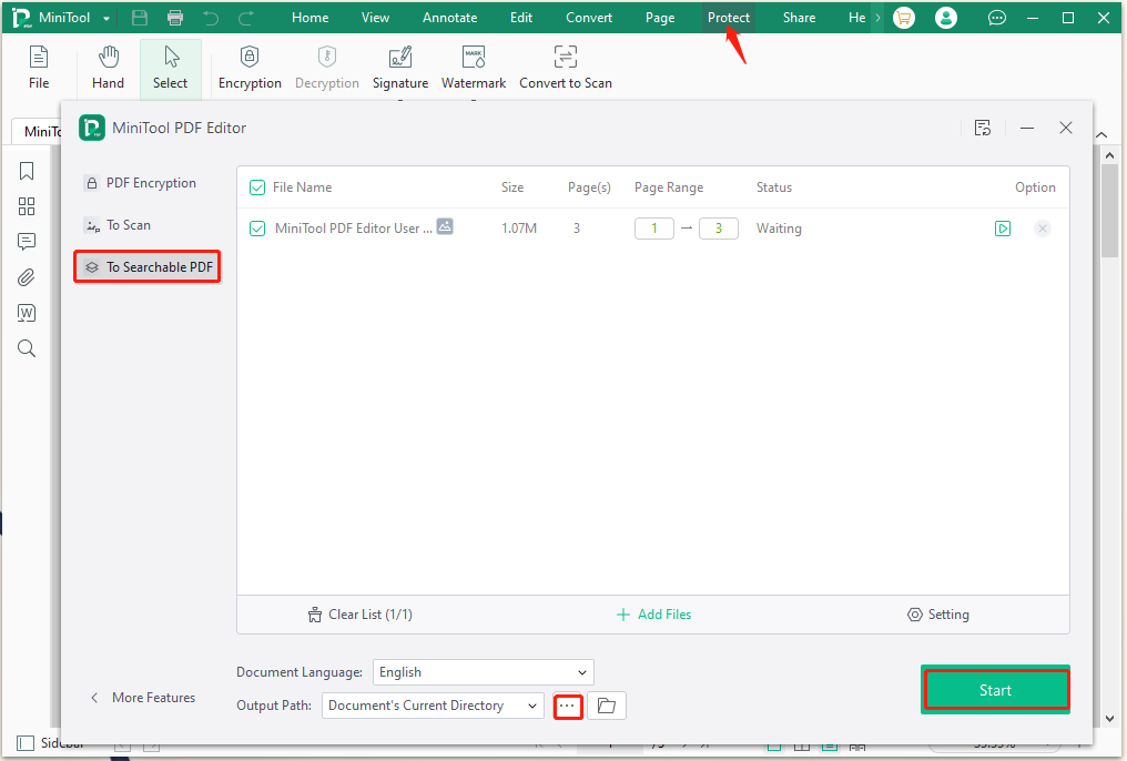 select to searchable PDF on MiniTool