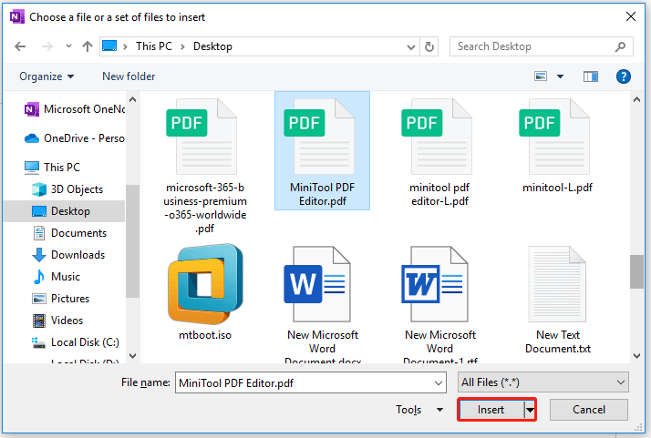 insert a PDF file to OneNote