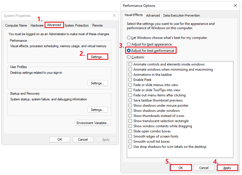 the steps to tweak the Performance Options