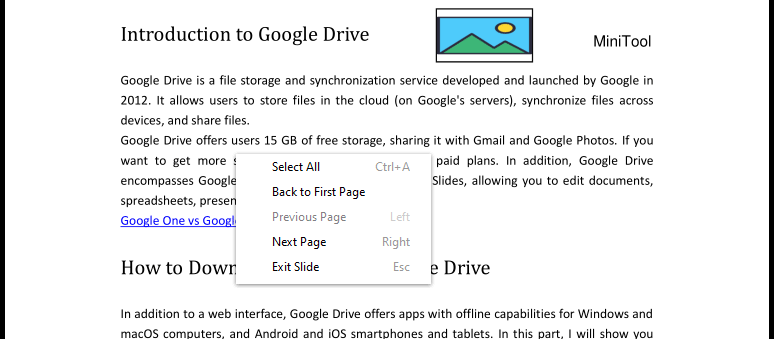 PDF slide show context menu